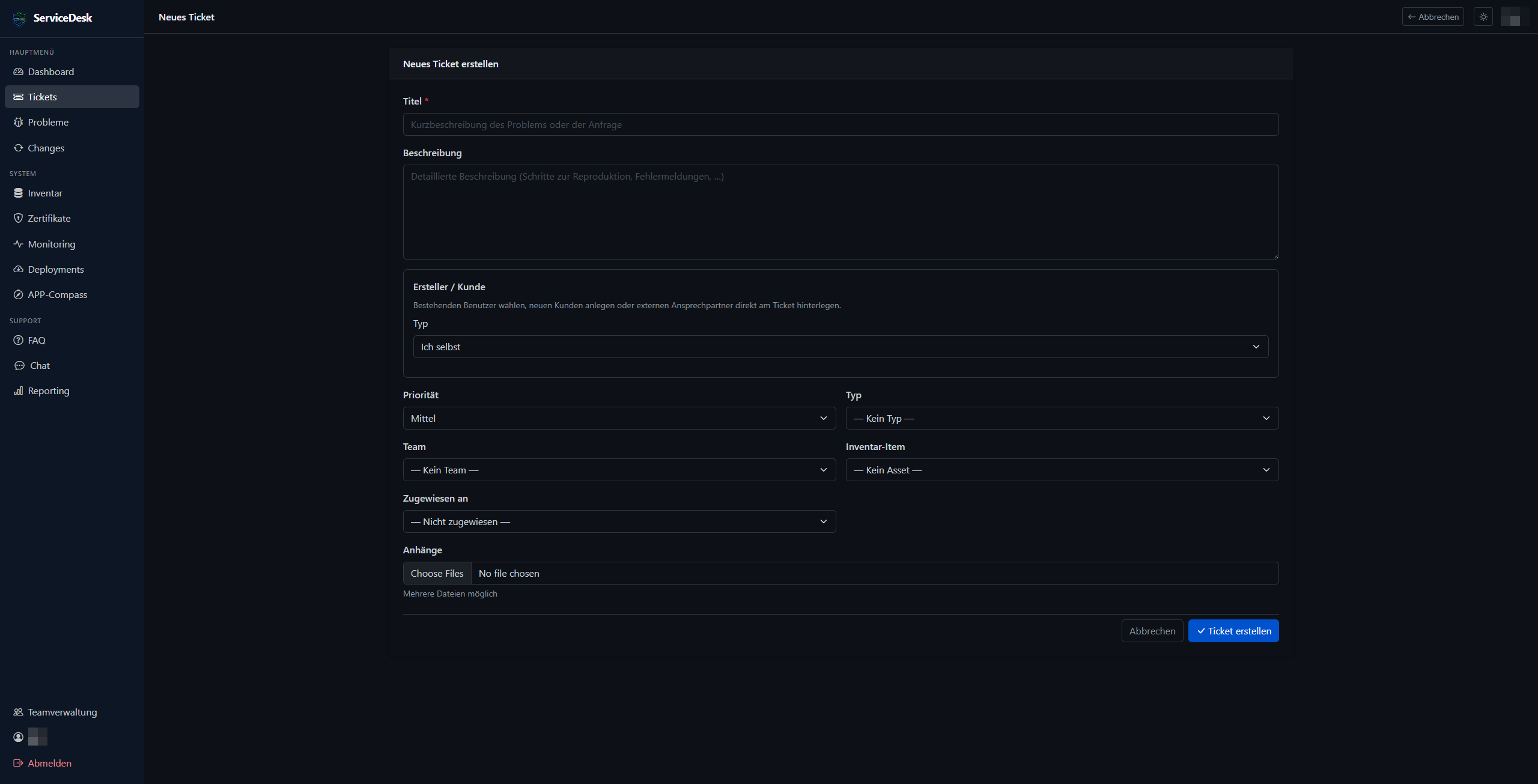 Ticket-Erstellung in Crazy-Helpdesk
