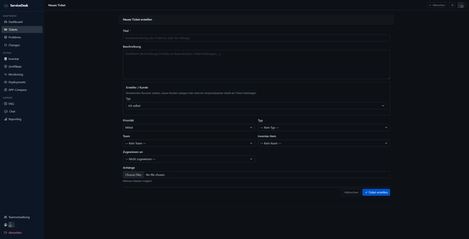 Ticket-Erstellung in Crazy-Helpdesk & Monitoring