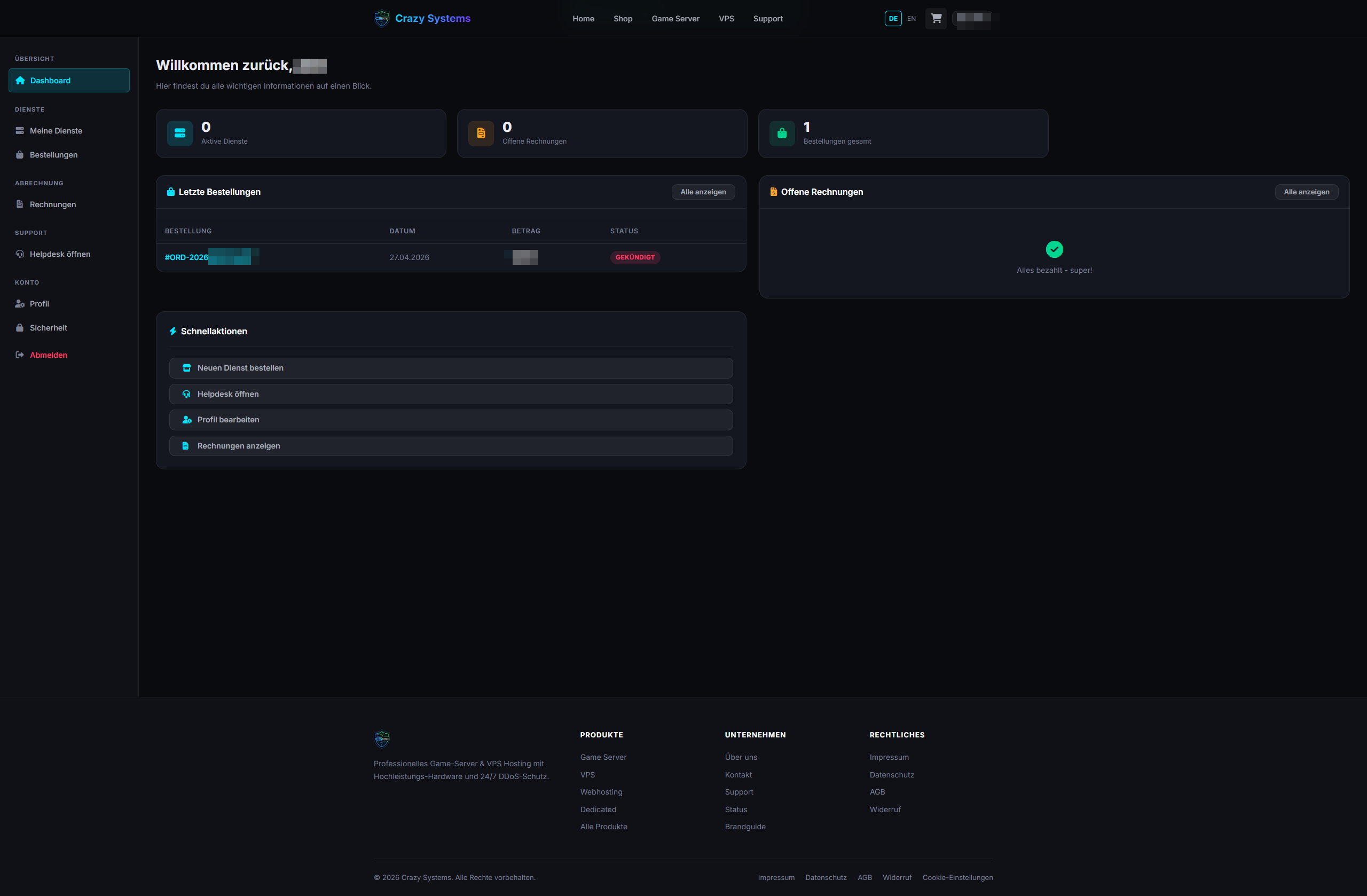 Crazy-Shop customer portal for orders, invoices, and active services